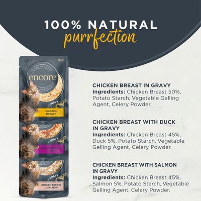 Encore Chicken Selection, 100% natural ingredients, 20x50g. Varieties: 2x chicken breast, 2x chicken breast with duck, 1x chicken breast with salmon in sauce.