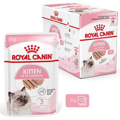 Royal Canin Kitten up to 12 months, 85 g pouch, pack of 12, soft texture for milk teeth, image of a cat and food pieces on the packaging.