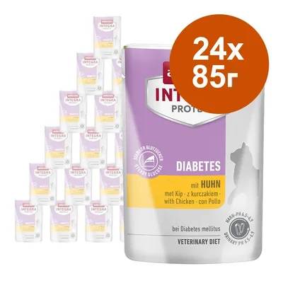 Animonda Integra Protect Diabetes с пиле, 24 x 85 г. Видими надписи: Steady Glucose, Urinary pH 6,5–6,9, Veterinary Diet. Опаковки на пастет за котки.