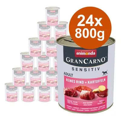 animonda GranCarno Sensitiv Adult Reines Rind + Kartoffeln, 24 x 800g cans. Visible text: 100% frische zutaten, ohne Getreide ohne Gluten, Made in Germany. animonda GranCarno Sensitiv Adult Reines Rind + Kartoffeln, 24 x 800g cans. Visible text: 100% frische zutaten, ohne Getreide ohne Gluten, Made in Germany.