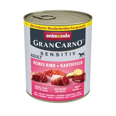 Animonda GranCarno Sensitiv Adult, pure beef + potatoes. Made with tasty beef broth, 100% fresh ingredients, grain-free, gluten-free, Made in Germany.