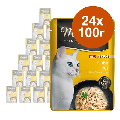 Miamor Feine Filets Huhn Pur в сос, 24 х 100 г. Опаковка с изображение на бяла котка и купа с пилешко филе. Видим текст: NEU in SAUCE, 100% FILET.