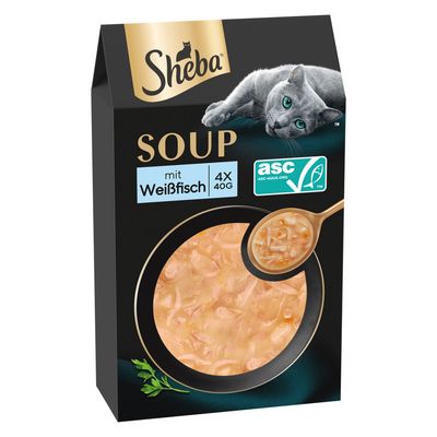 Sheba Soup au poulet, emballage montrant un bol de soupe avec morceaux de poulet et persil. Contenu : 4x40g.