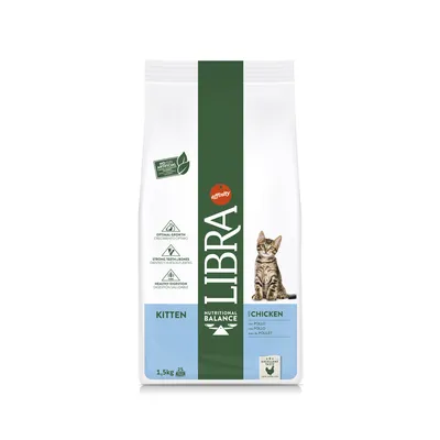 Opakowanie karmy Libra Kitten Chicken 1,5 kg z wizerunkiem kota, napisy: Nutritional Balance, optimal growth, strong teeth & bones, healthy digestion, no artificial. Marka affinity.