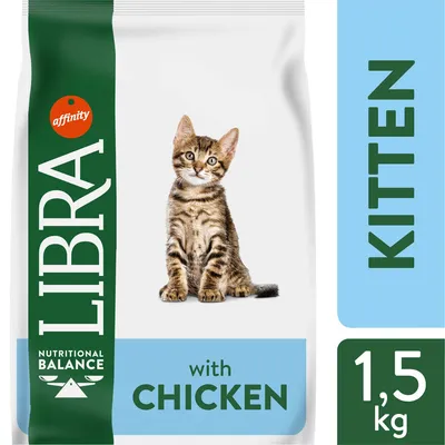 Opakowanie karmy LIBRA Nutritional Balance with chicken dla kotów, napis KITTEN, waga 1,5 kg, zdjęcie kota na froncie.