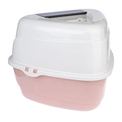 Caja de arena cerrada para gatos con tapa blanca y base rosa, apertura superior abatible.