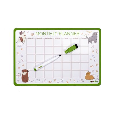 Zooplus Monthly Planner med avtorkningsbar penna, veckovy från måndag till söndag, dekorerad med djurillustrationer.