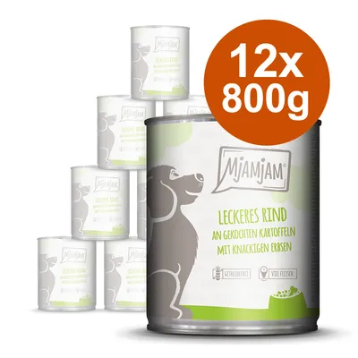 MjAMjAM herkullista naudanlihaa keitetyillä perunoilla ja rapeilla herneillä, viljaton, paljon lihaa. Pakkaus: 12x 800g.