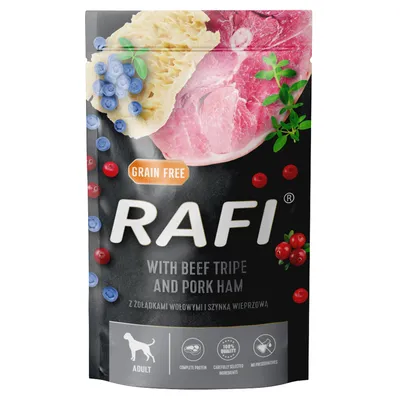 Rafi Adult hrană pentru câini, fără cereale, cu stomac de vită și șuncă de porc. Conține ingrediente atent selectate, fără conservanți. Proteină completă, calitate 100%.