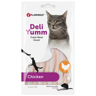 Flamingo Deli Yumm Fresh Meat Snack, Geschmacksrichtung Chicken, fettarm. Ideal zur Verwendung mit Lick Pad. Verpackung zeigt eine Katze und Huhn-Symbol.