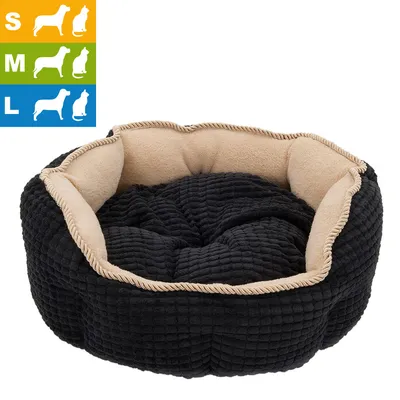 Panier pour animaux en tissu noir et beige, tailles S, M, L indiquées par pictogrammes chien et chat sur fond coloré en haut à gauche.