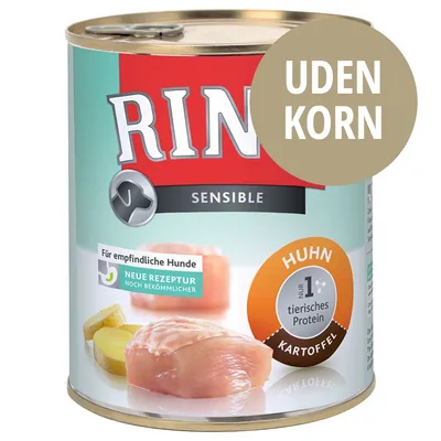 Rinti Sensible dåse med teksten 'UDEN KORN', 'Huhn', 'nur 1 tierisches Protein', 'Kartoffel', 'Für empfindliche Hunde', 'Neue Rezeptur noch bekömmlicher' og billede af kylling og kartoffel.