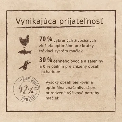 Vynikajúca prijateľnosť: 70 % vybraných živočíšnych zložiek, 30 % ovocia a zeleniny, 0 % obilnín, vysoký obsah bielkovín, 42 % proteín. Optimálna znášanlivosť pre mačky.