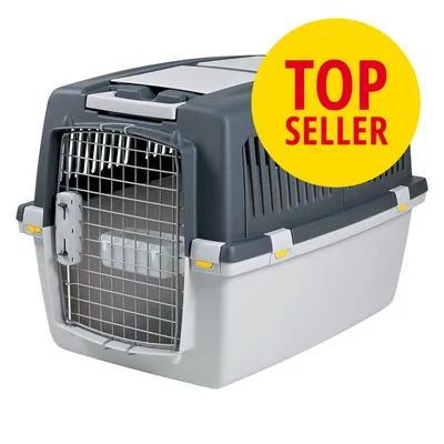 Transportkasse til kæledyr med metalgitterdør og plastikhåndtag. Rund gul cirkel med rød tekst: TOP SELLER.