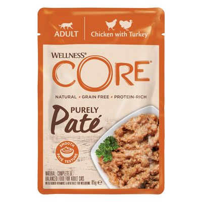 Wellness CORE Purely Paté, Adult, kurczak z indykiem, naturalny, bez zbóż, bogaty w białko, gładka konsystencja pasztetu, 85g. Pełnoporcjowa karma dla dorosłych kotów z witaminami i minerałami.