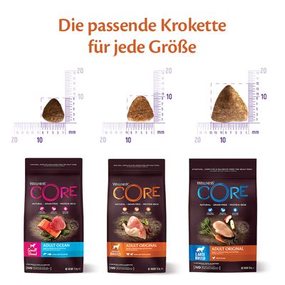 Wellness CORE Hundefutter. Krokettengrössen für Small Breed, Medium Breed und Large Breed mit Massangaben. Varianten: Adult Ocean, Adult Original Medium Breed, Adult Original Large Breed.