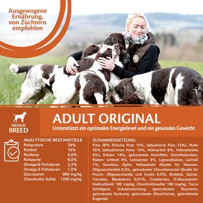 Adult Original für mittelgrosse Hunde. Unterstützt optimales Energielevel und gesundes Gewicht. Analytische Bestandteile: Rohprotein 34%, Rohfett 16%. Zusammensetzung: Pute 28%, Huhn 25%.