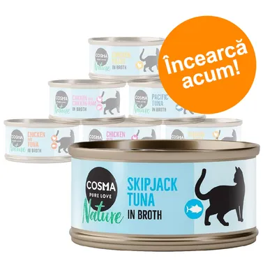 Conserve Cosma Pure Love Nature pentru pisici, sortimente vizibile: Skipjack Tuna, Chicken Fillet, Pacific Tuna, Chicken and Tuna, Chicken with Chicken Ham. Text portocaliu: Încearcă acum!
