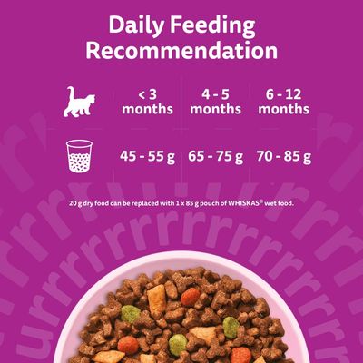 Daily feeding recommendation: under 3 months 45–55 g, 4–5 months 65–75 g, 6–12 months 70–85 g. 20 g dry food can be replaced with 1 x 85 g WHISKAS wet food.