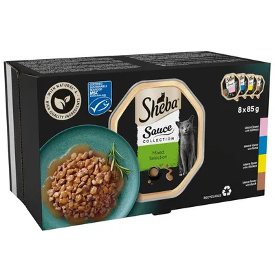Sheba Sauce Collection Mixed Selection, 8 x 85g. Includes sauce lover with salmon, tuna, chicken, and duck. With natural high quality ingredients and certified sustainable seafood.