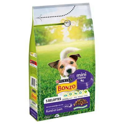 Purina Bonzo Mini Menu cibo secco, 1,5kg, con manzo e agnello. Contiene 5 promesse: qualità, competenza, sostenibilità, ingredienti sani, senza coloranti artificiali.