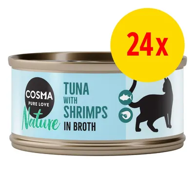 COSMA Pure Love Nature TUNA WITH SHRIMPS IN BROTH, dåse med katteillustration, gul cirkel med rød tekst '24x'