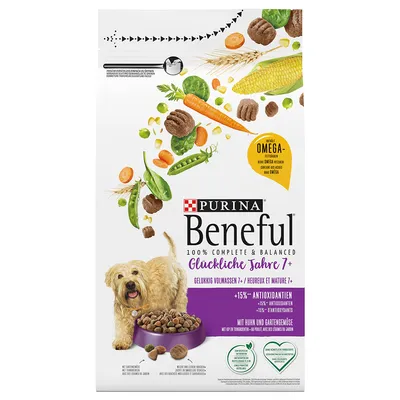 Purina Beneful Glückliche Jahre 7+ s kuřetem a zahradní zeleninou, o 15 % více antioxidantů, omega živiny, 100% kompletní a vyvážené.