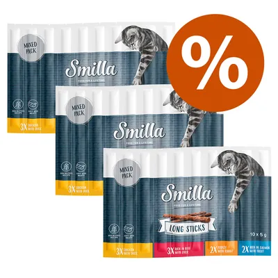 Smilla Long Sticks Mixed Pack, 10x5g. Gusti: 3x pollo con anatra, 3x manzo con fegato, 2x tacchino con coniglio, 2x salmone con trota. Ricetta senza cereali, morbidi e carnosi.
