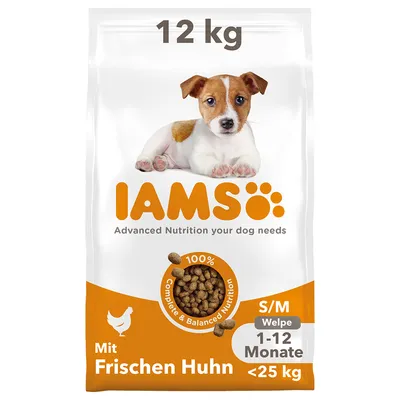 IAMS ξηρά τροφή για σκύλους, 12 kg, με φρέσκο κοτόπουλο, για κουτάβια 1-12 μηνών, S/M, κάτω από 25 kg. 100% πλήρης και ισορροπημένη διατροφή.