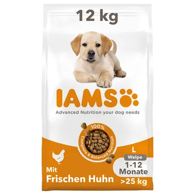 IAMS krmivo pro štěňata, 12 kg, s čerstvým kuřetem, vhodné pro psy od 1 do 12 měsíců a nad 25 kg. 100% kompletní a vyvážená výživa.