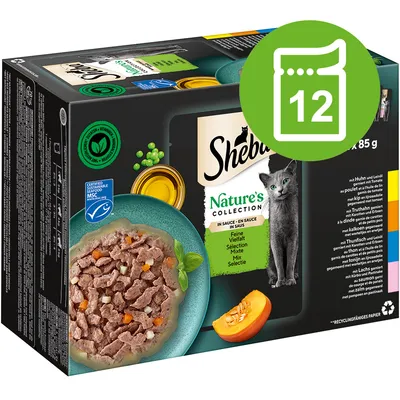 Sheba Nature's Collection en sauce, sélection mixte, boîte de 12 x 85 g. Texte visible : certifié MSC, ingrédients naturels, image d’un chat et d’une assiette de nourriture.
