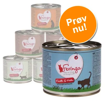 Feringa dåsefoder til kat, variant Forelle & Huhn, 200 g. Synlig tekst: Prøv nu! Flere varianter i baggrunden med Feringa-navn og kattegrafik.
