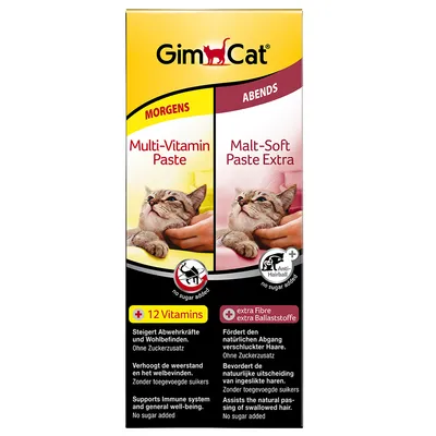 GimCat Multi-Vitamin Paste ja Malt-Soft Paste Extra kissoille, 12 vitamiinia, extra kuitua, ei lisättyä sokeria. Teksti saksaksi, hollanniksi ja englanniksi.