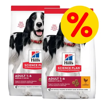 Hill's Science Plan Adult 1-6 Medium 11-25 kg con pollo, apoya la inmunidad y la digestión saludable. Indicación de oferta especial con símbolo de porcentaje amarillo.