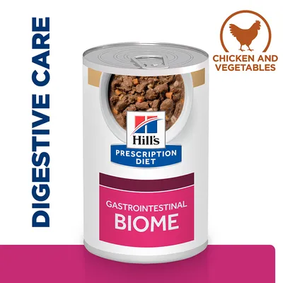 Digestive care food with chicken and vegetables, labelled as gastrointestinal biome and prescription diet.