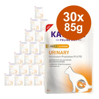 Kattovit Feline Diet Urinary paté con pollo, prevención de cálculos de estruvita (FLUTD), contenido moderado de magnesio, diurético. Pack: 30x85g.