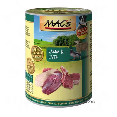 MAC's burk med texten 'Lamm & Ente', '70% Fleischanteil', 'Getreidefrei', bilder på lamm, anka och köttbitar. Märkt 'Made in Germany'.