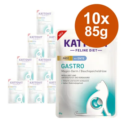 Kattovit Feline Diet Gastro Pâté med anka, 10x85g. Stödjer matsmältningen, fettsnål och lättsmält, hög elektrolythalt. För mage-tarm/bukspottkörtel.