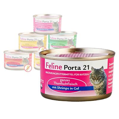 Boîtes Feline Porta 21 pour chats, variantes visibles : thon avec crevettes en gel, thon avec aloe vera en gel, thon avec bœuf en gel, thon avec algues en gel. Texte en allemand.