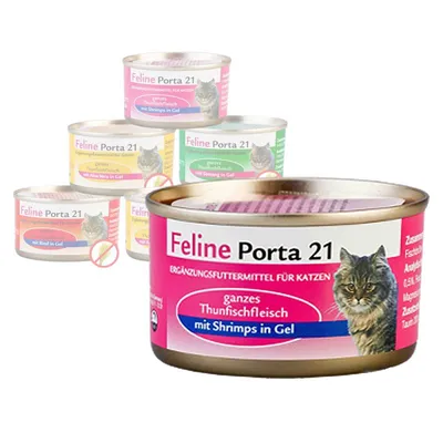 Boîtes Feline Porta 21 pour chats, variantes visibles : thon avec crevettes en gel, thon avec aloe vera en gel, thon avec bœuf en gel, thon avec algues en gel. Texte en allemand.