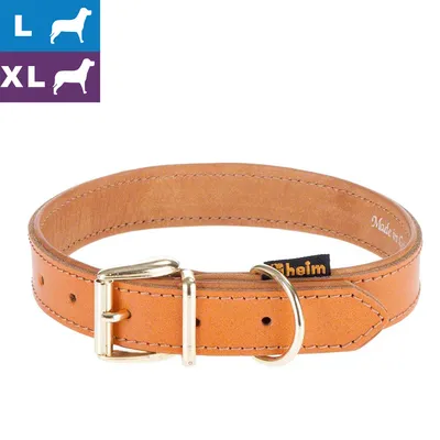 Collier en cuir marron avec boucle métallique, étiquette Heim visible. Indications de tailles L et XL pour chiens affichées en haut à gauche.