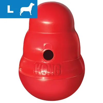 Large red treat-dispensing toy with a hole and the word 'KONG' embossed on it, blue icon in corner shows letter L and animal silhouette.