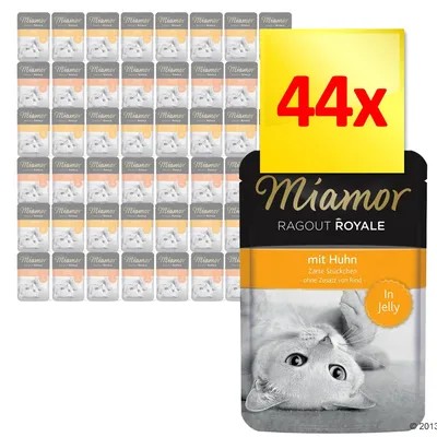 44x Miamor Ragout Royale mit Huhn In Jelly, z opakowaniem przedstawiającym kota. Widoczne niemieckie napisy: Zarte Stückchen, ohne Zusatz von Rind.