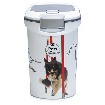 Contenant en plastique blanc avec couvercle gris, décoré d’un chien et du texte visible « Pets Collection » sur le devant.