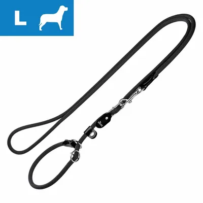 Black adjustable lead with metal clips, shown in size L for large pets, featuring a loop handle and attachment rings.