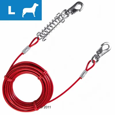 Red cable with metal clips and spring, size L indicated by icon in top left corner. Designed for securing large animals outdoors.