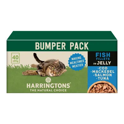 Bumper pack containing 40 x 85g fish fillets in jelly with cod, mackerel, salmon and tuna. Label states 'making mealtimes meatier'.