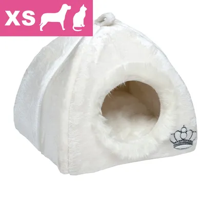 Hvidt plyshus til kæledyr med rund indgang, broderet krone foran. XS-størrelse angivet øverst med silhuetter af hund og kat. Hvidt plyshus til kæledyr med rund indgang, broderet krone foran. XS-størrelse angivet øverst med silhuetter af hund og kat.