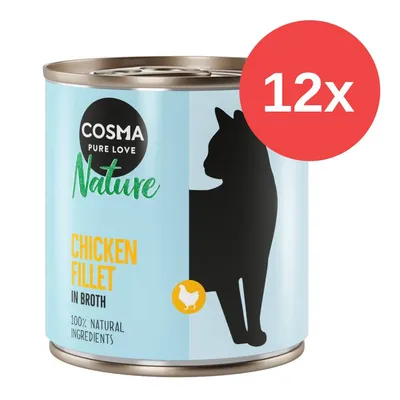 Cosma Pure Love Nature Chicken Fillet in Broth, 100% natürliche Zutaten, 12x Dose mit Katzenmotiv.