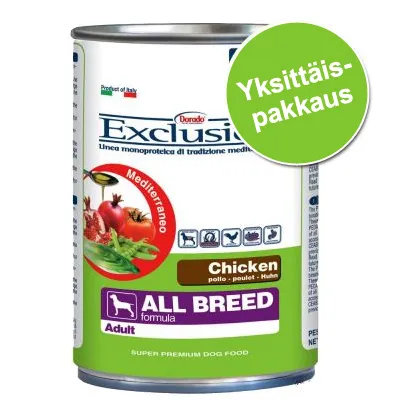 Dorado Exclusion All Breed Adult Chicken koiran märkäruoka, yksittäispakkaus. Etiketissä vihanneksia ja tekstiä: Super Premium Dog Food.